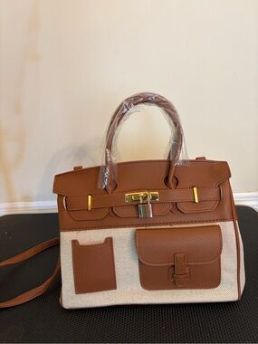 Structured vegan leather and canvas cargo top Handle Satchel